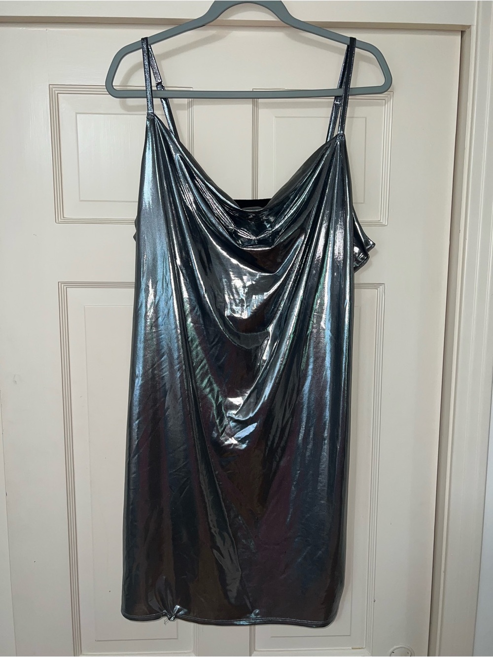 Metallic Iridescent Cowl Neck Slip Dress - Silver/Shiny Sheen